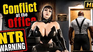 Conflict at the Office - Husband watches through keyhole while busty wife is face fucked - Free hentai video