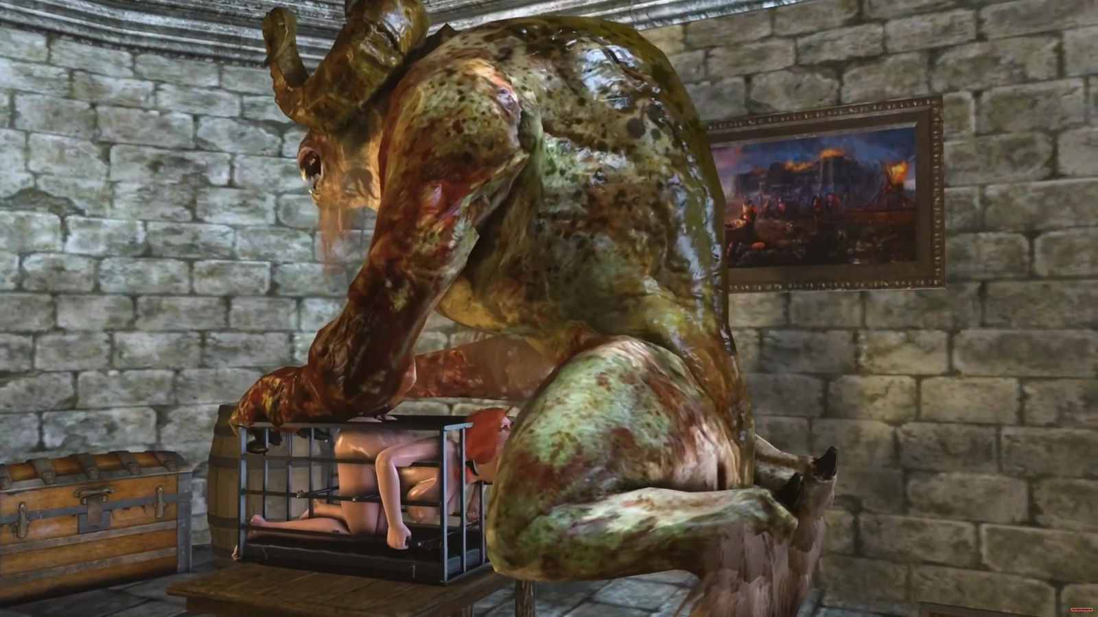 Triss Merigold caged and her throat stretched by a giant Monster Cock - Free hentai video